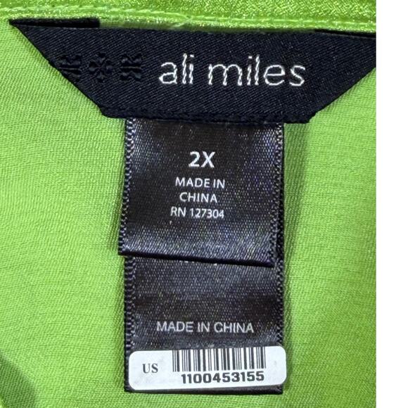 Ali Miles Women 2X Green Shimmery Asian Inspired 3/4 Sleeve Blouse Top Statement - Picture 3 of 8